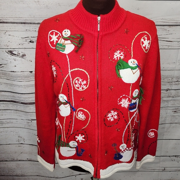 Designers Originals Sweaters - Designer Originals Red‎ Snowman Christmas Zippered Cardigan Size Small